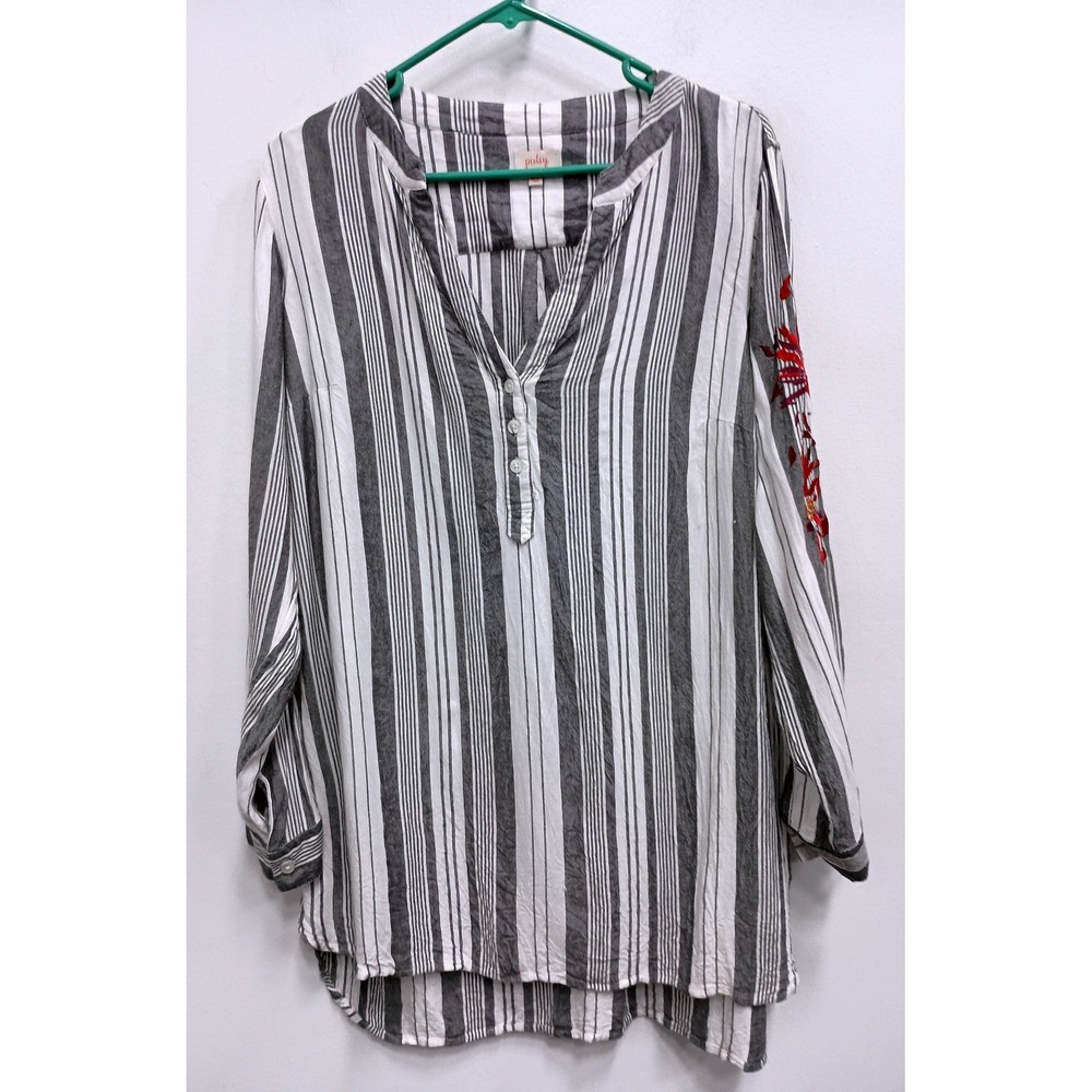 Pixley BOHO Blouse Top Womens 1X Gray Striped Embroidered Floral Sleeve